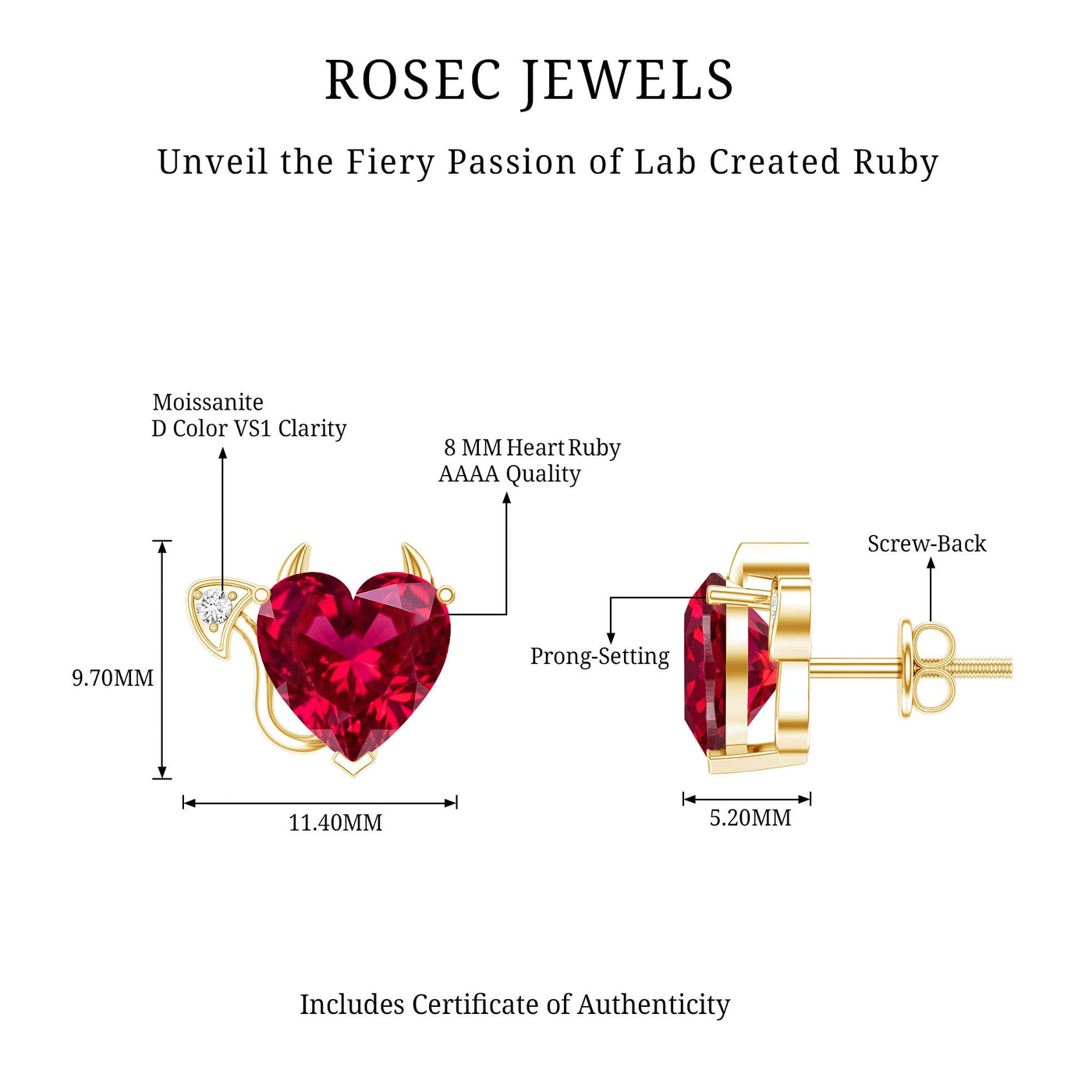 Certified Lab Grown Ruby Devil Heart Earrings Rosec Jewels