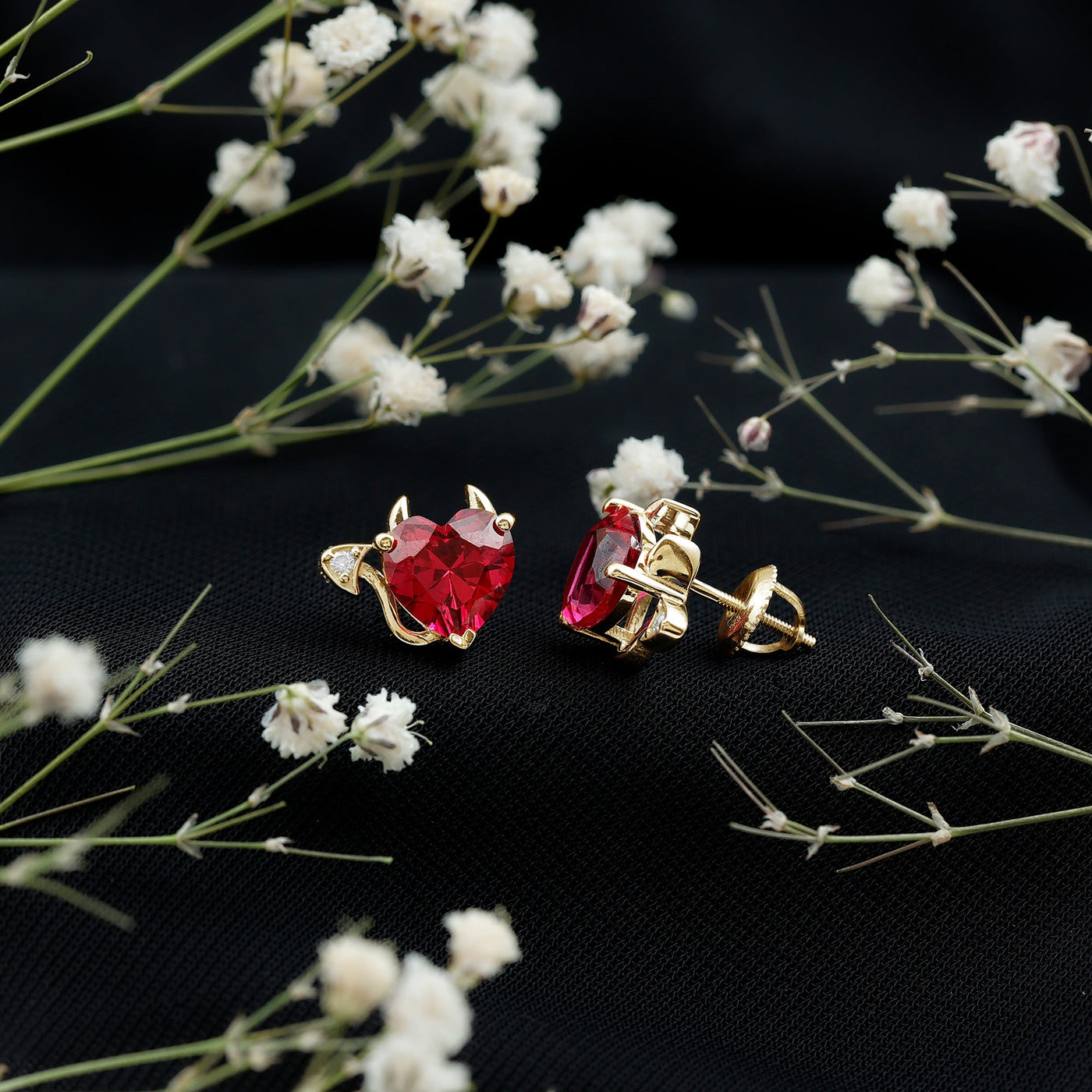 Certified Lab Grown Ruby Devil Heart Earrings Rosec Jewels
