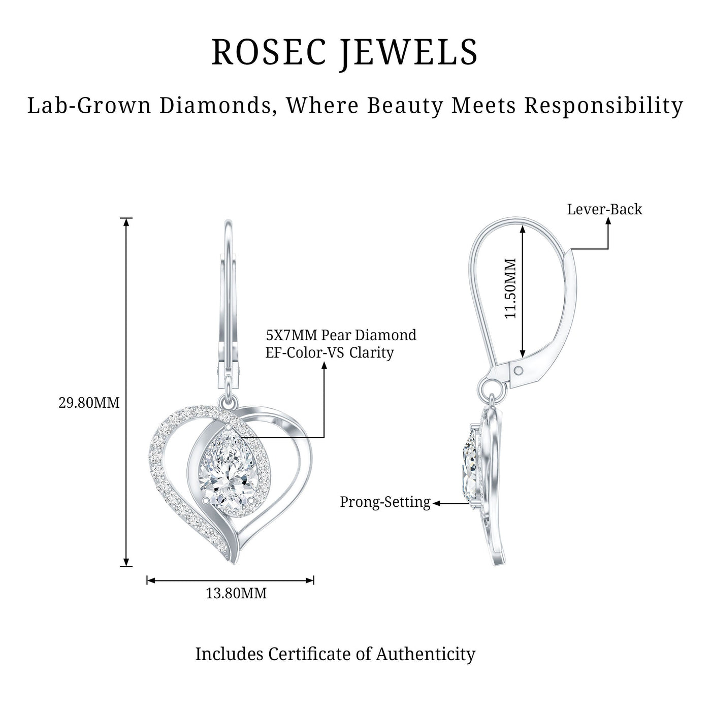 Certified 1.3 Carat Pear Lab Grown Diamond Heart Drop Earrings Rosec Jewels