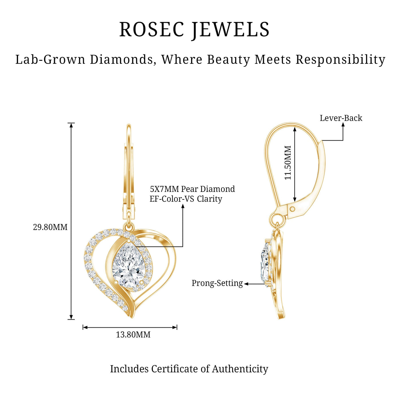 Certified 1.3 Carat Pear Lab Grown Diamond Heart Drop Earrings Rosec Jewels