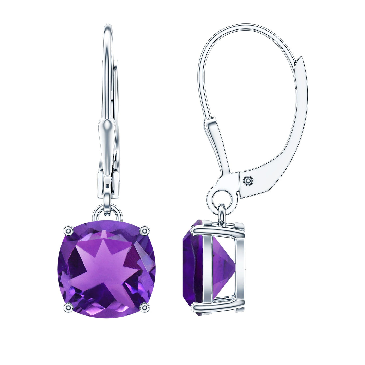 Natural 4.2 Carat Cushion Cut Amethyst Drop Earrings with Lever Back Rosec Jewels
