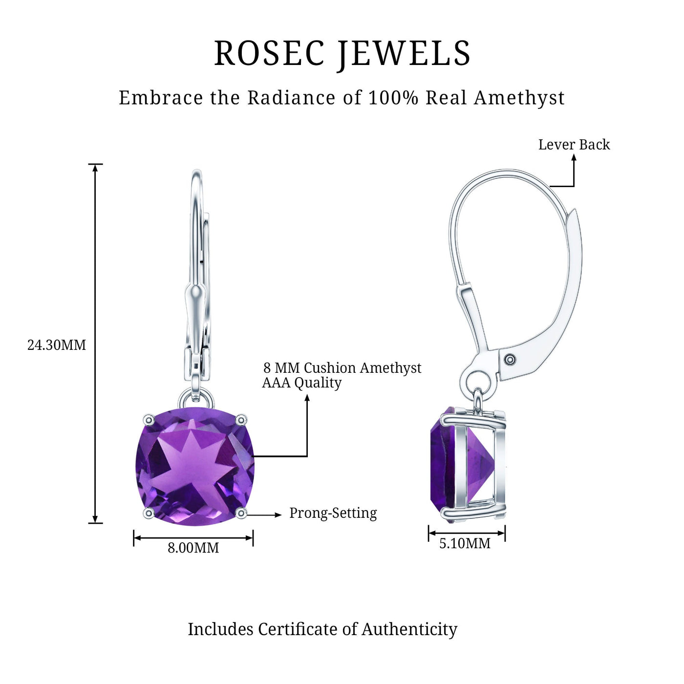 Natural 4.2 Carat Cushion Cut Amethyst Drop Earrings with Lever Back Rosec Jewels
