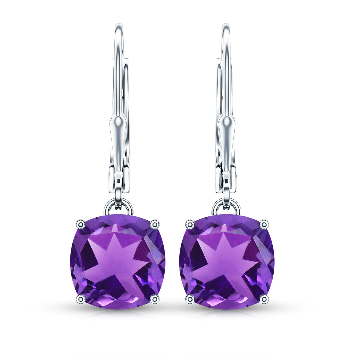 Natural 4.2 Carat Cushion Cut Amethyst Drop Earrings with Lever Back Rosec Jewels