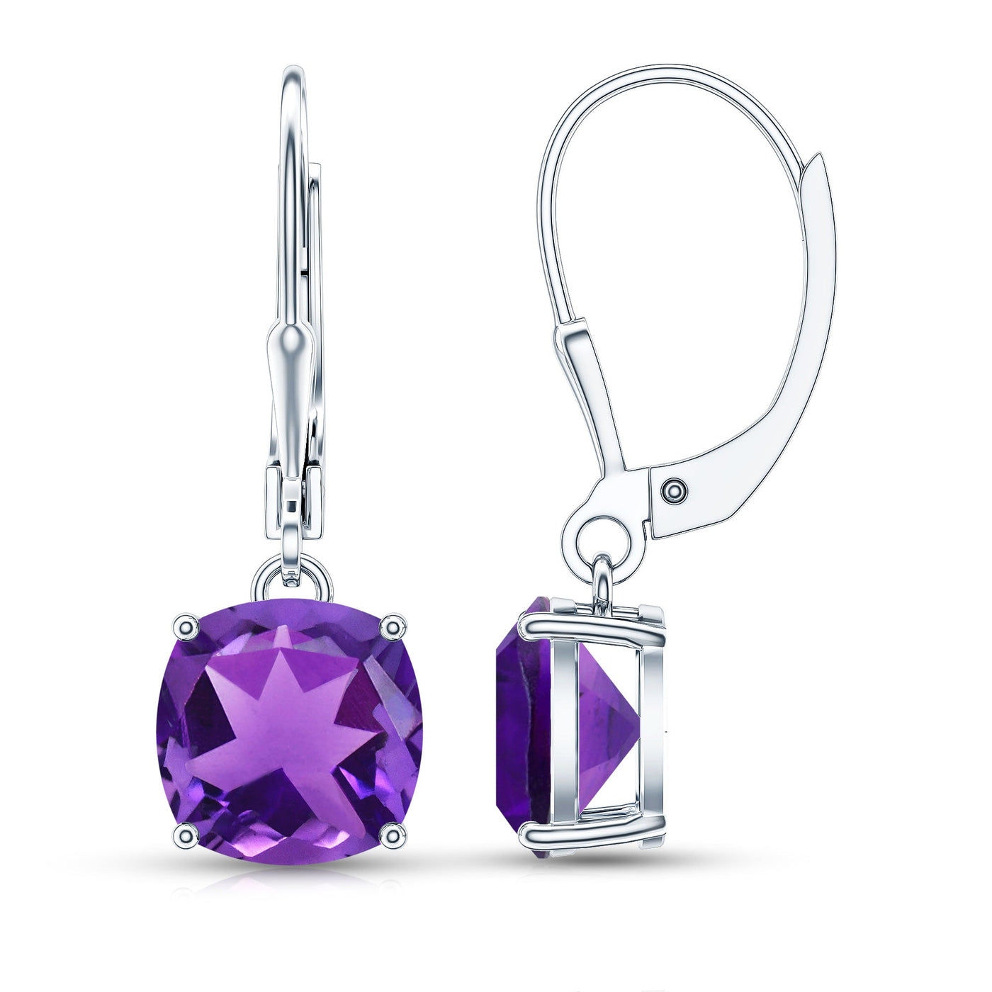 Natural 4.2 Carat Cushion Cut Amethyst Drop Earrings with Lever Back Rosec Jewels