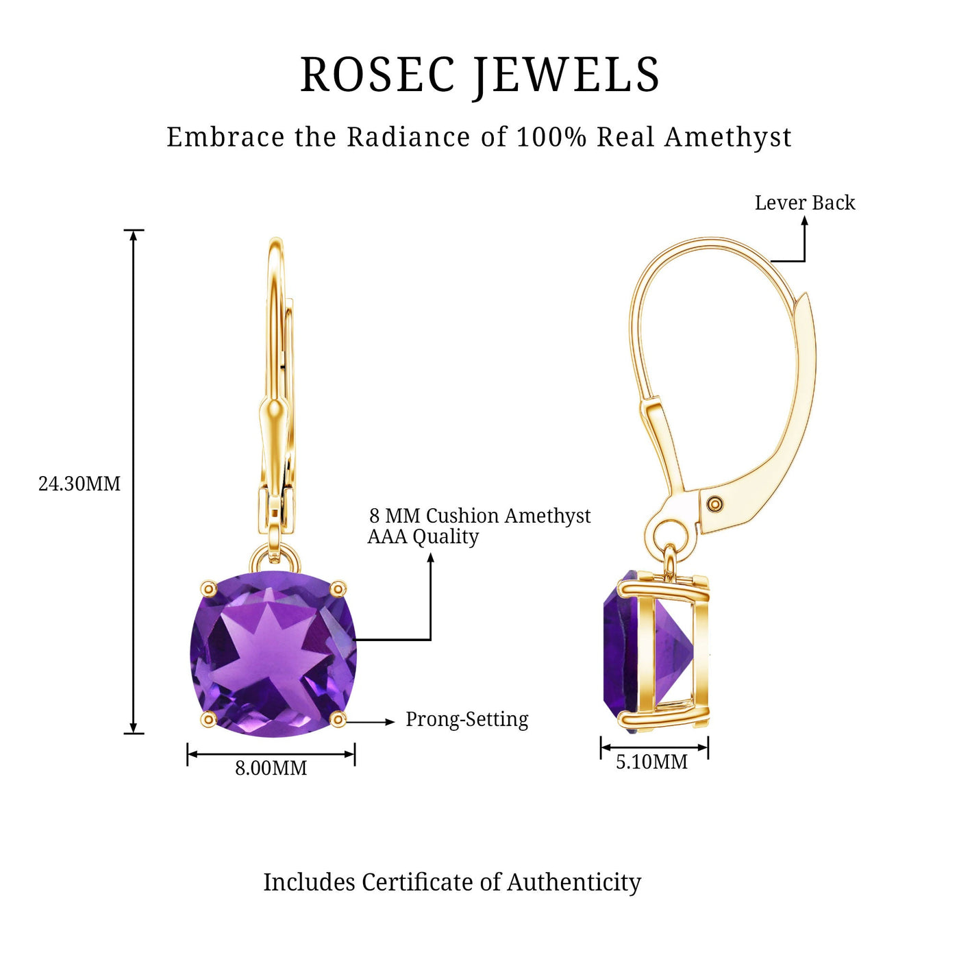 Natural 4.2 Carat Cushion Cut Amethyst Drop Earrings with Lever Back Rosec Jewels