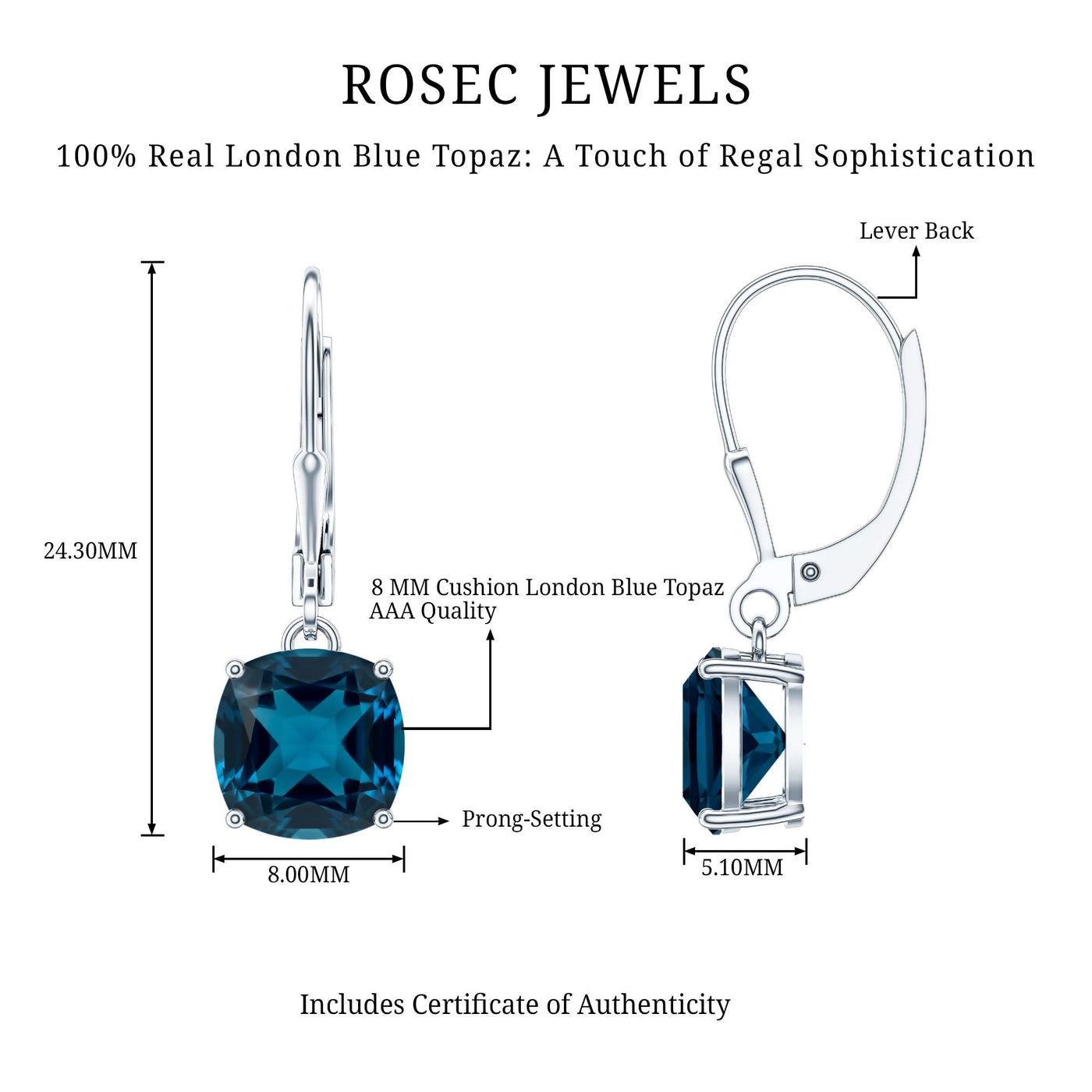Cushion Cut London Blue Topaz Solitaire Drop Earrings Rosec Jewels