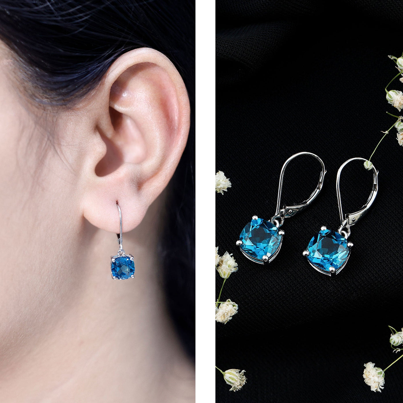 Cushion Cut London Blue Topaz Solitaire Drop Earrings Rosec Jewels