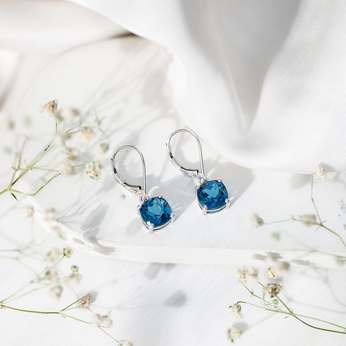 Cushion Cut London Blue Topaz Solitaire Drop Earrings Rosec Jewels
