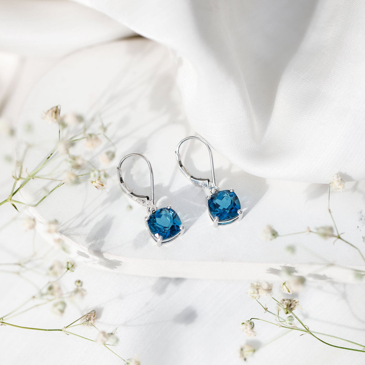 Cushion Cut London Blue Topaz Solitaire Drop Earrings Rosec Jewels