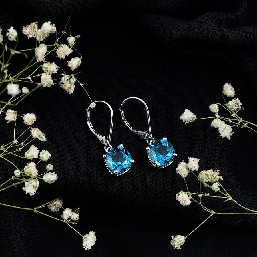Cushion Cut London Blue Topaz Solitaire Drop Earrings