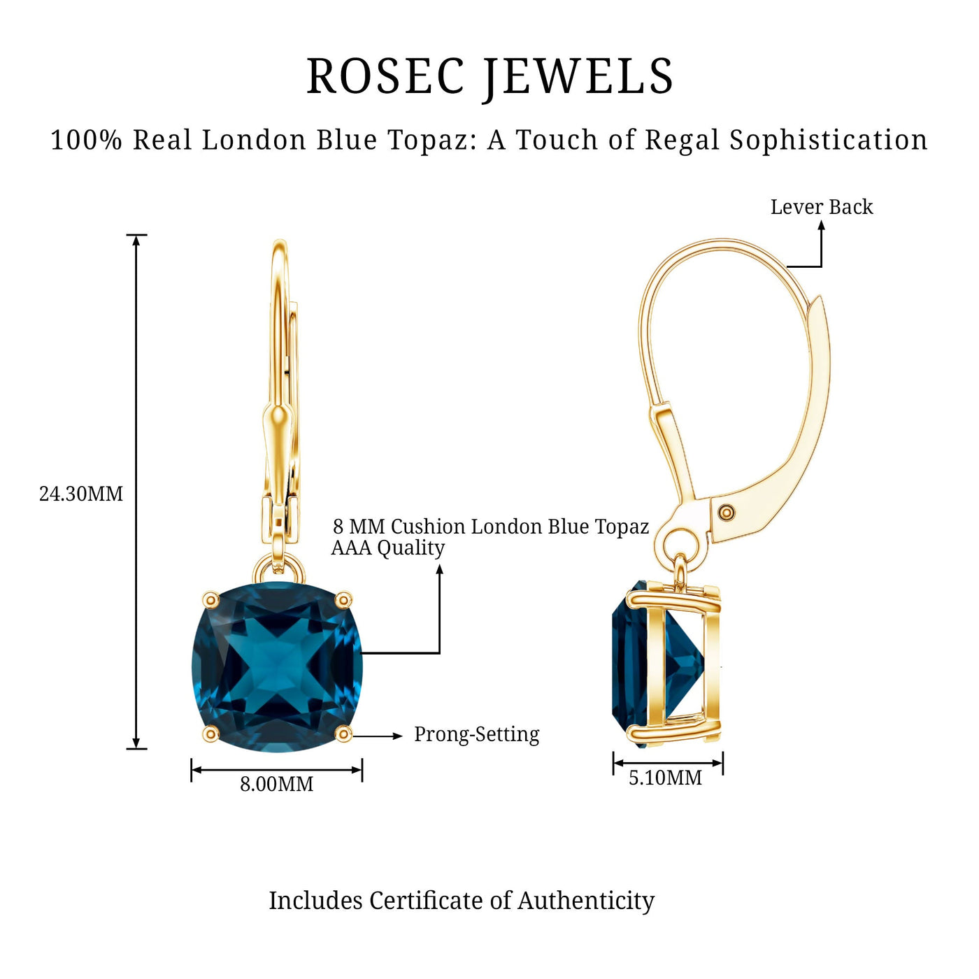 Cushion Cut London Blue Topaz Solitaire Drop Earrings Rosec Jewels