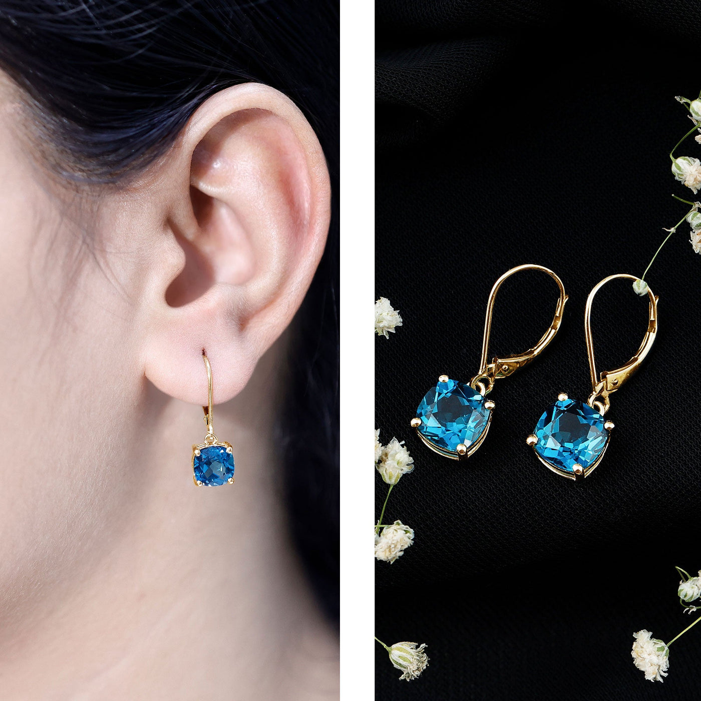 Cushion Cut London Blue Topaz Solitaire Drop Earrings Rosec Jewels