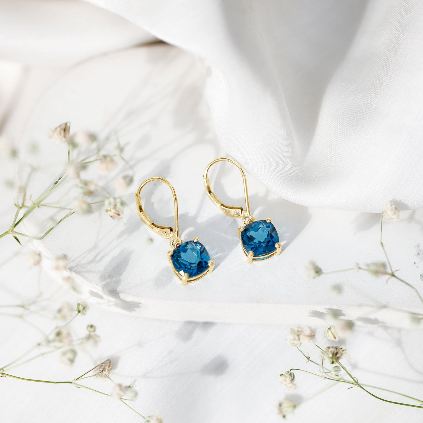 Cushion Cut London Blue Topaz Solitaire Drop Earrings Rosec Jewels