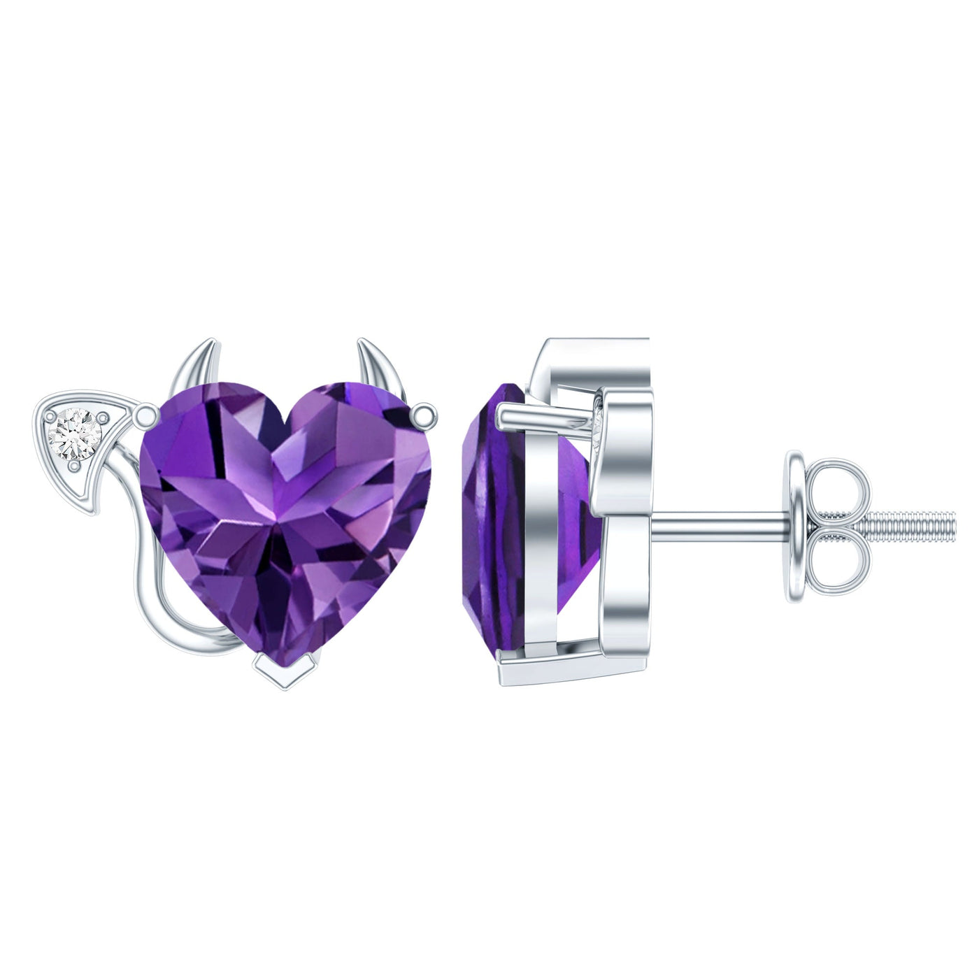 Heart Shape Amethyst and Diamond Gothic Stud Earrings Rosec Jewels