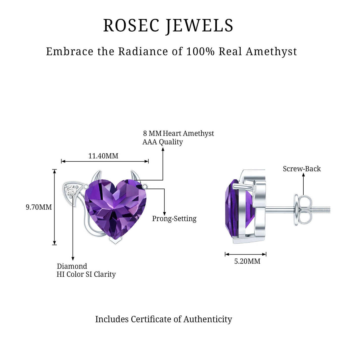 Heart Shape Amethyst and Diamond Gothic Stud Earrings Rosec Jewels