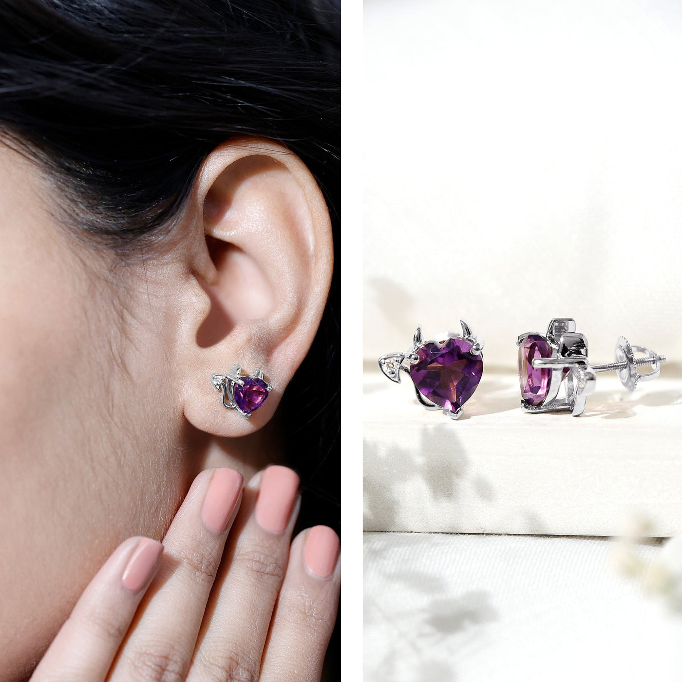 Heart Shape Amethyst and Diamond Gothic Stud Earrings Rosec Jewels