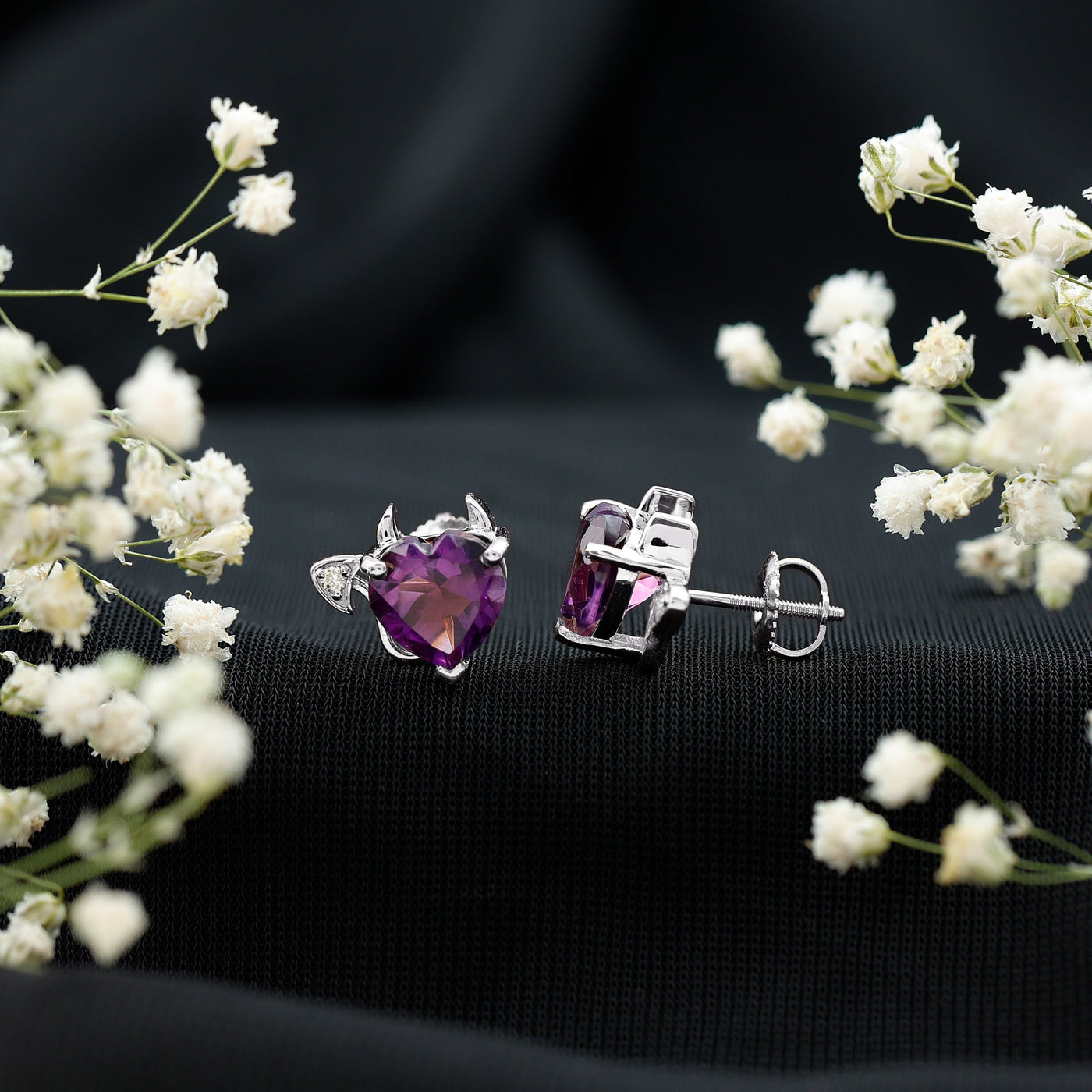 Heart Shape Amethyst and Diamond Gothic Stud Earrings Rosec Jewels