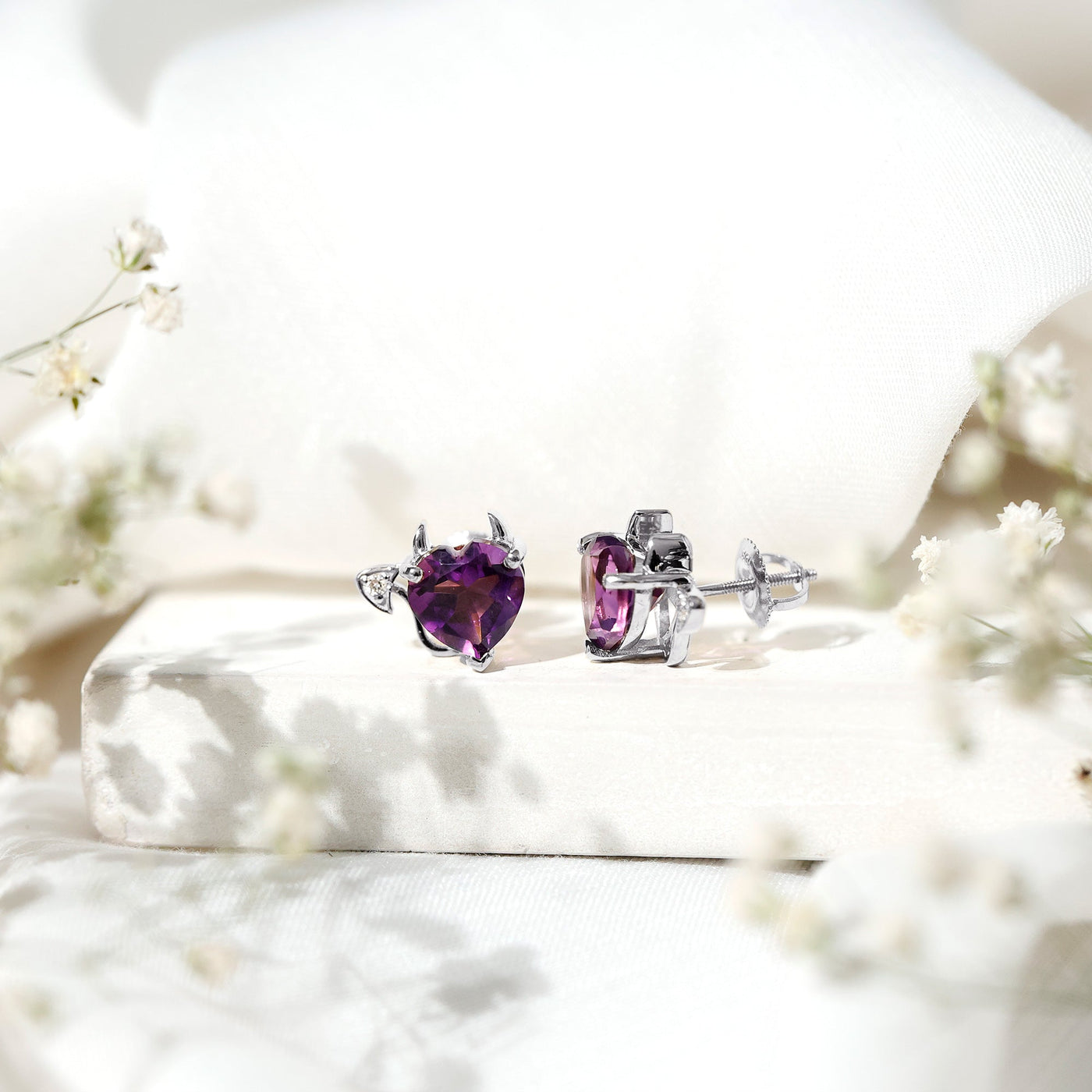 Heart Shape Amethyst and Diamond Gothic Stud Earrings Rosec Jewels