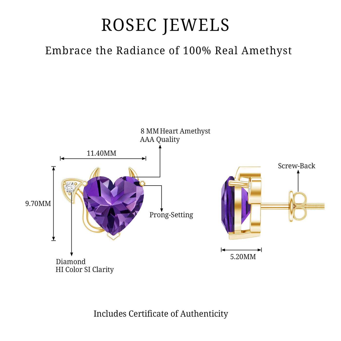 Heart Shape Amethyst and Diamond Gothic Stud Earrings Rosec Jewels