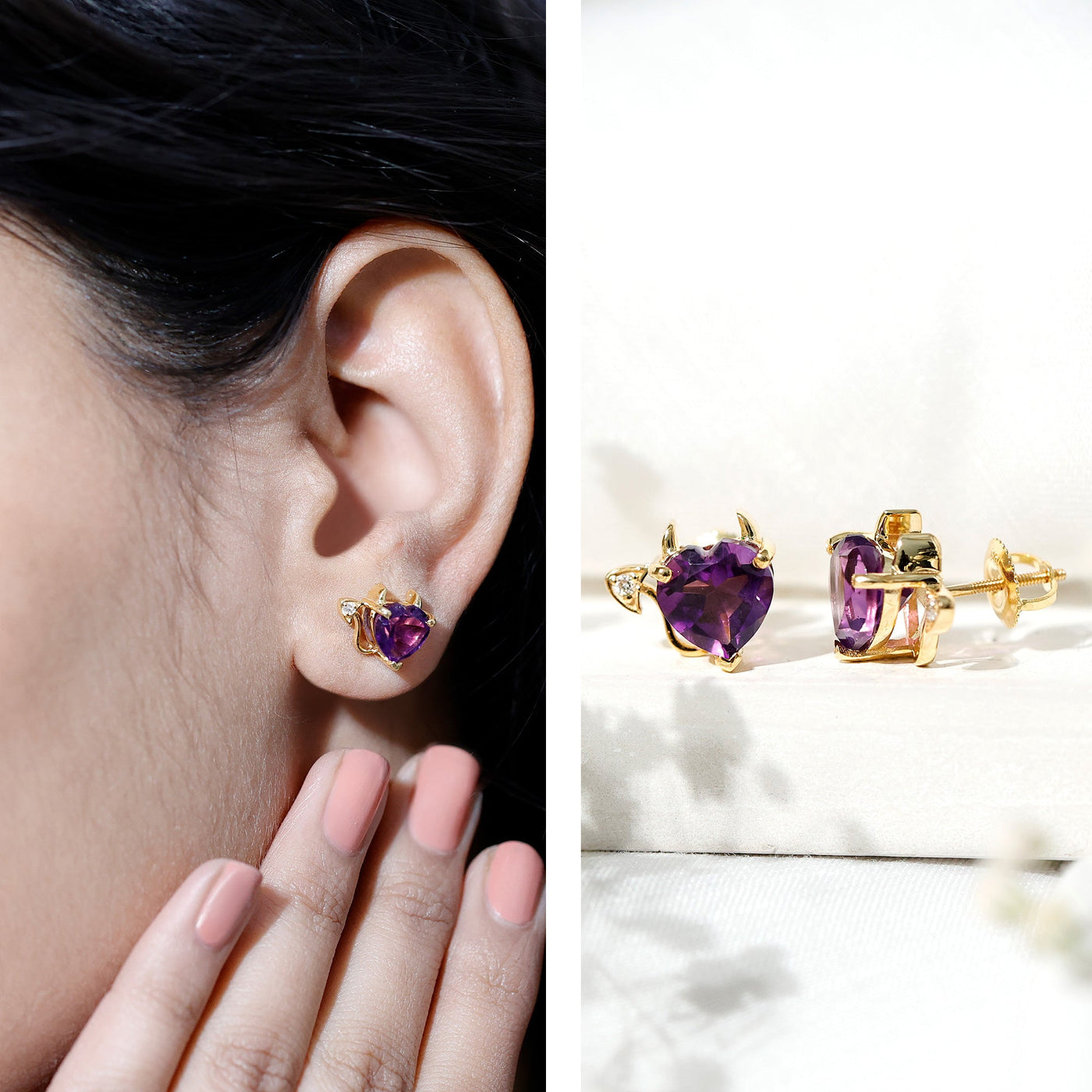 Heart Shape Amethyst and Diamond Gothic Stud Earrings Rosec Jewels