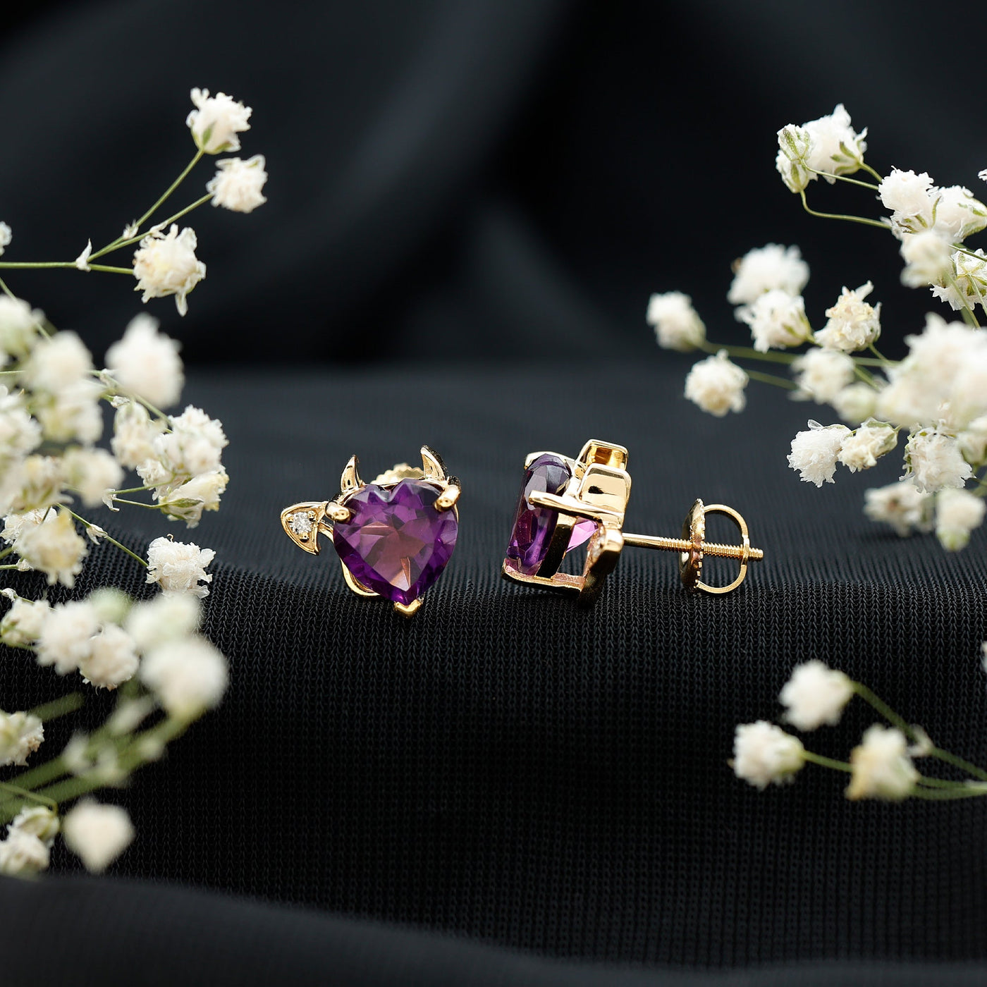 Heart Shape Amethyst and Diamond Gothic Stud Earrings Rosec Jewels