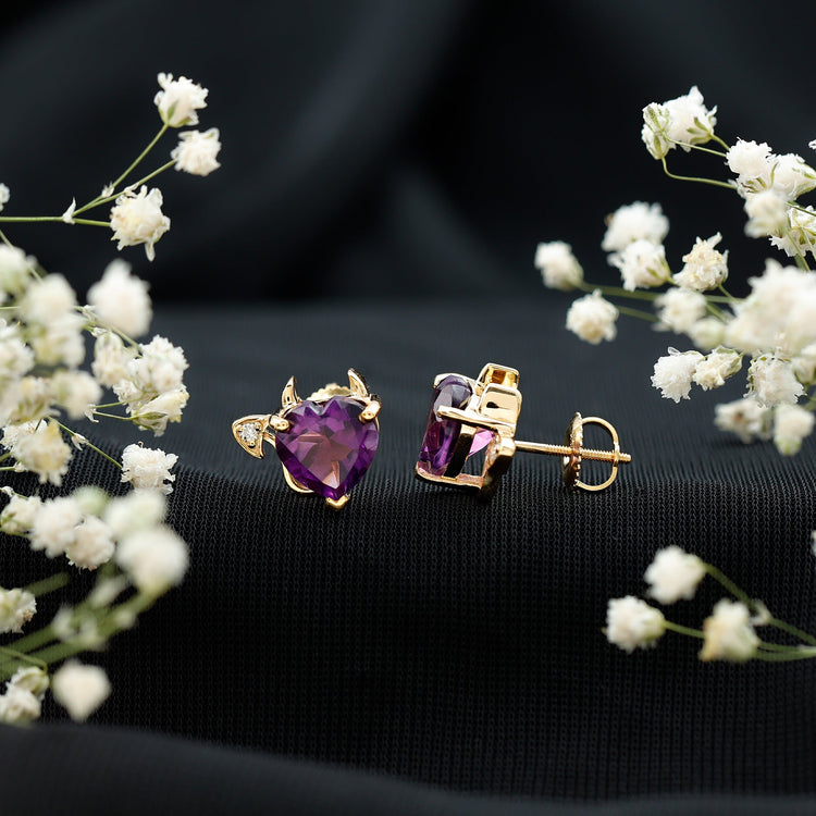 Heart Shape Amethyst and Diamond Gothic Stud Earrings Rosec Jewels