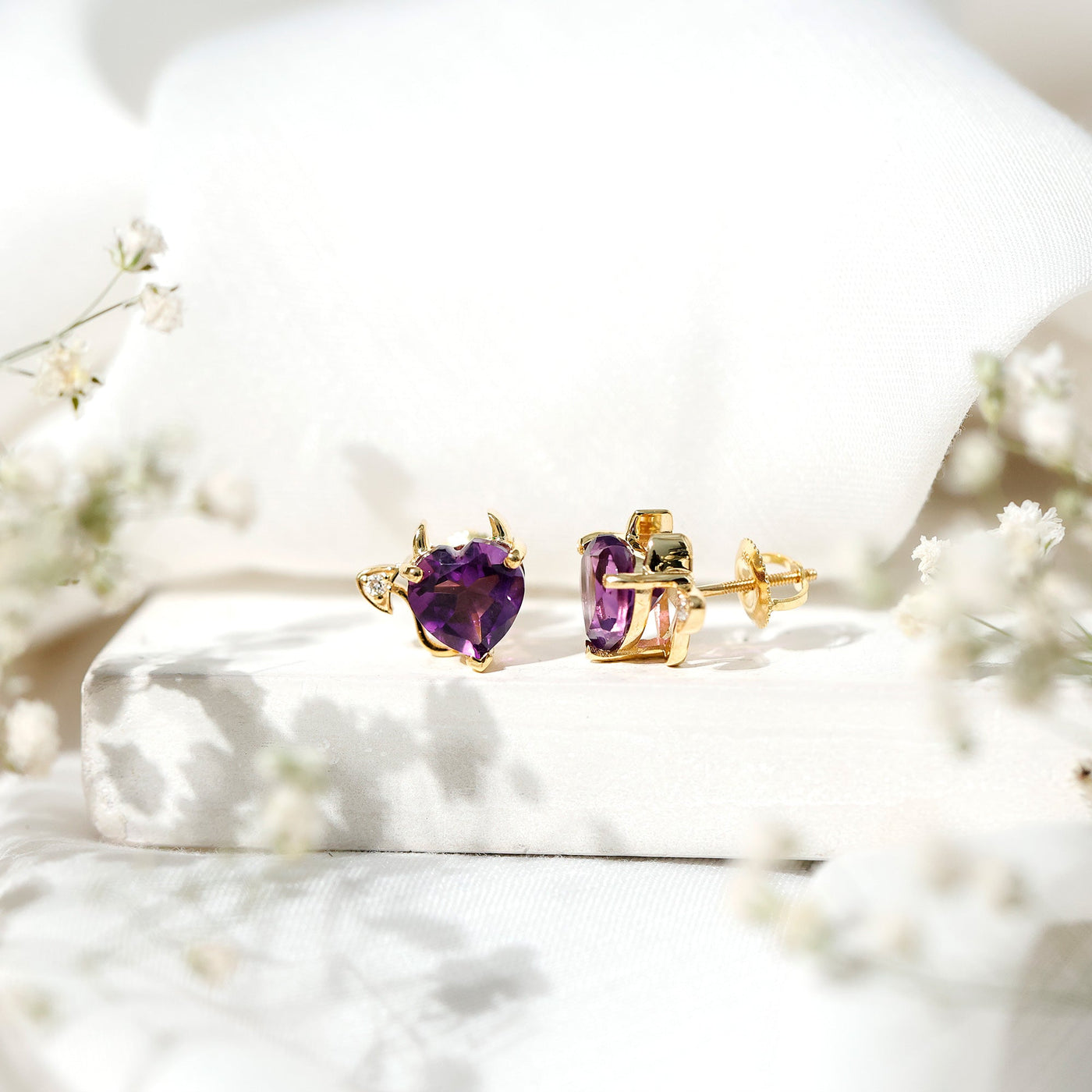 Heart Shape Amethyst and Diamond Gothic Stud Earrings Rosec Jewels