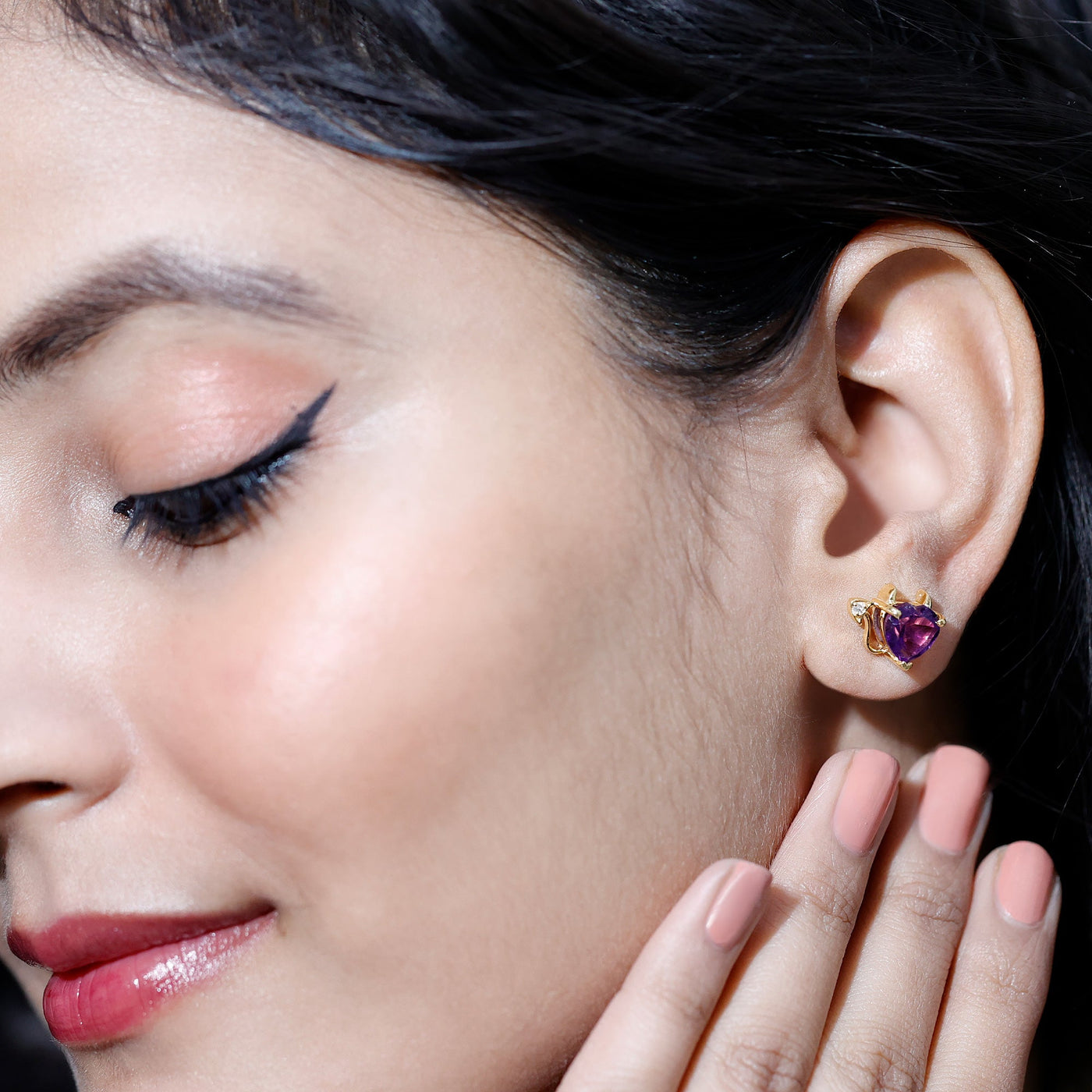 Heart Shape Amethyst and Diamond Gothic Stud Earrings Rosec Jewels