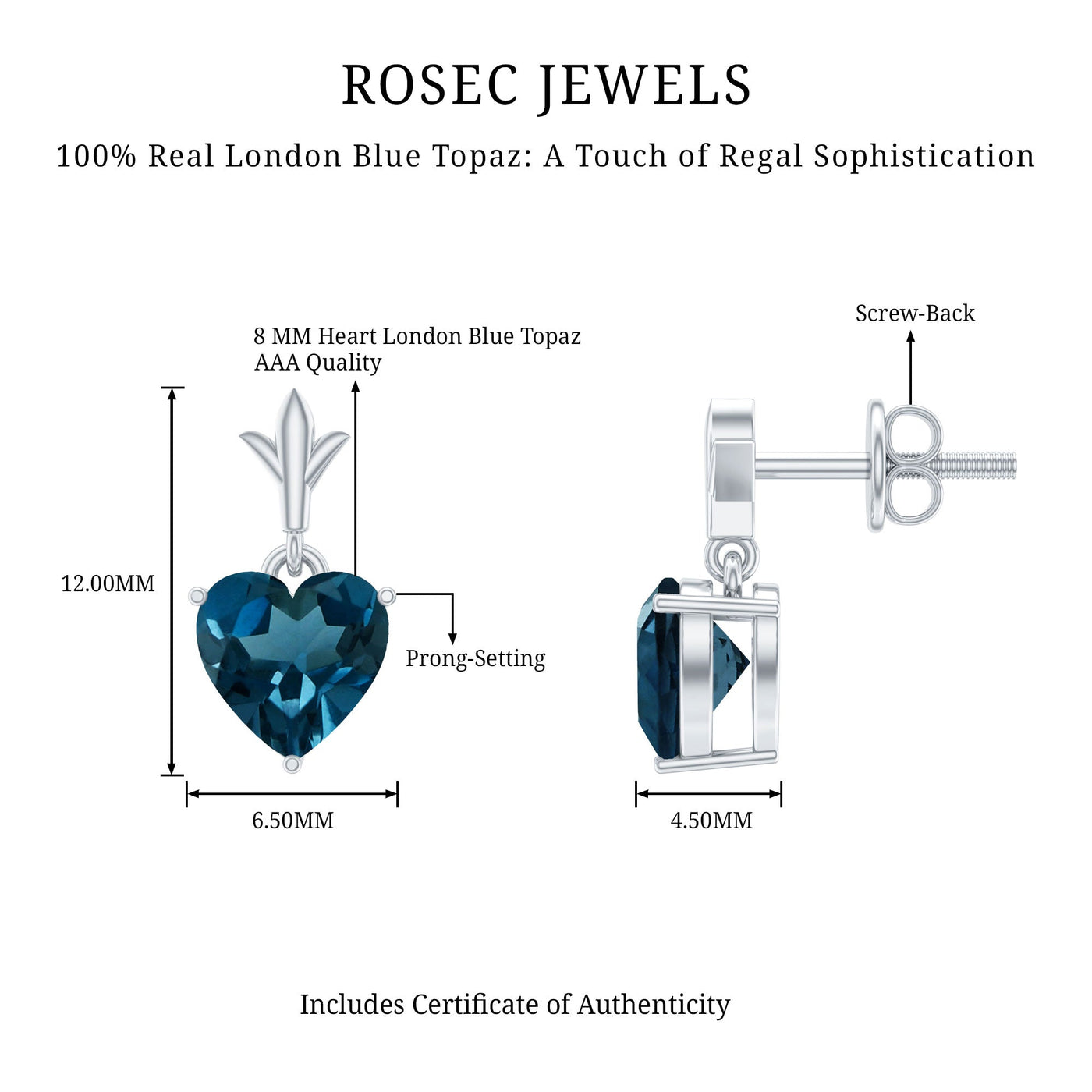 4 Carat London Blue Topaz Heart Drop Earrings for Women Rosec Jewels