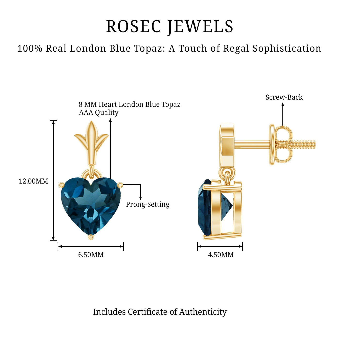 4 Carat London Blue Topaz Heart Drop Earrings for Women Rosec Jewels
