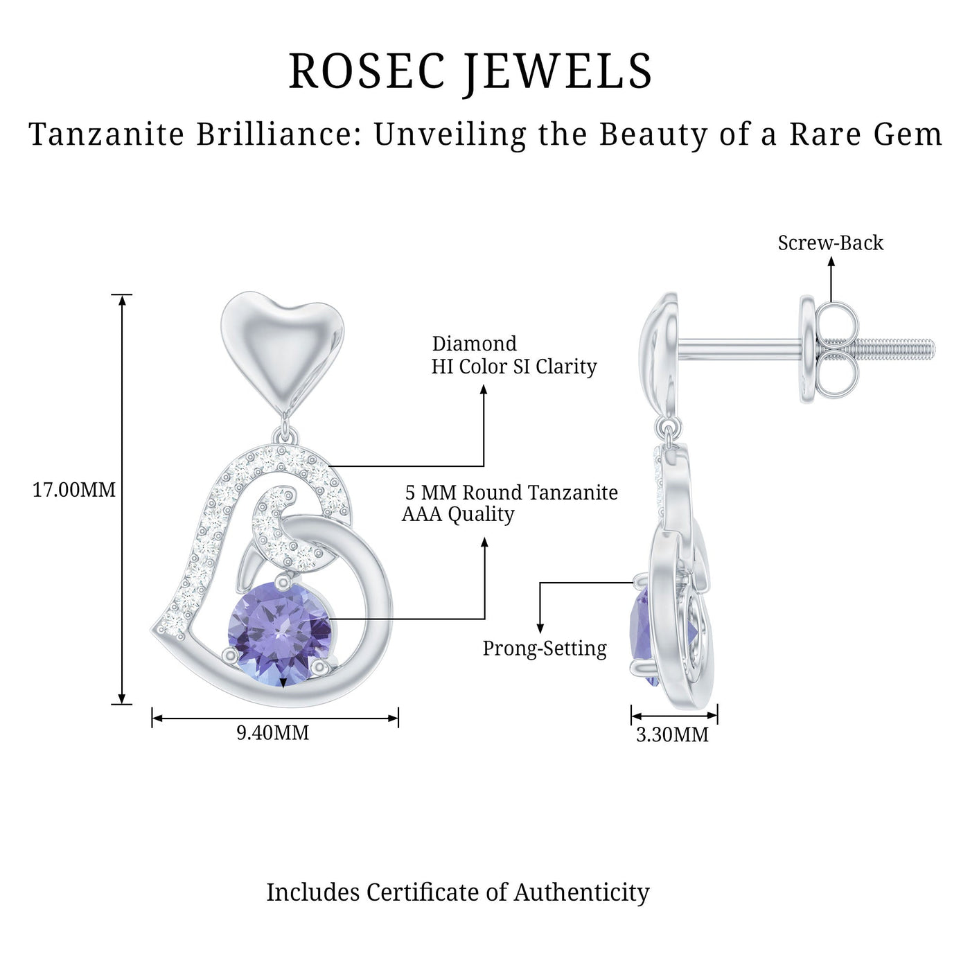 1 Carat Tanzanite and Diamond Heart Drop Earrings Rosec Jewels