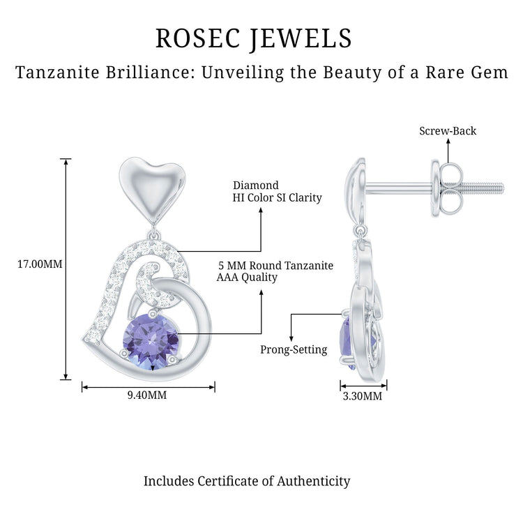 1 Carat Tanzanite and Diamond Heart Drop Earrings Rosec Jewels