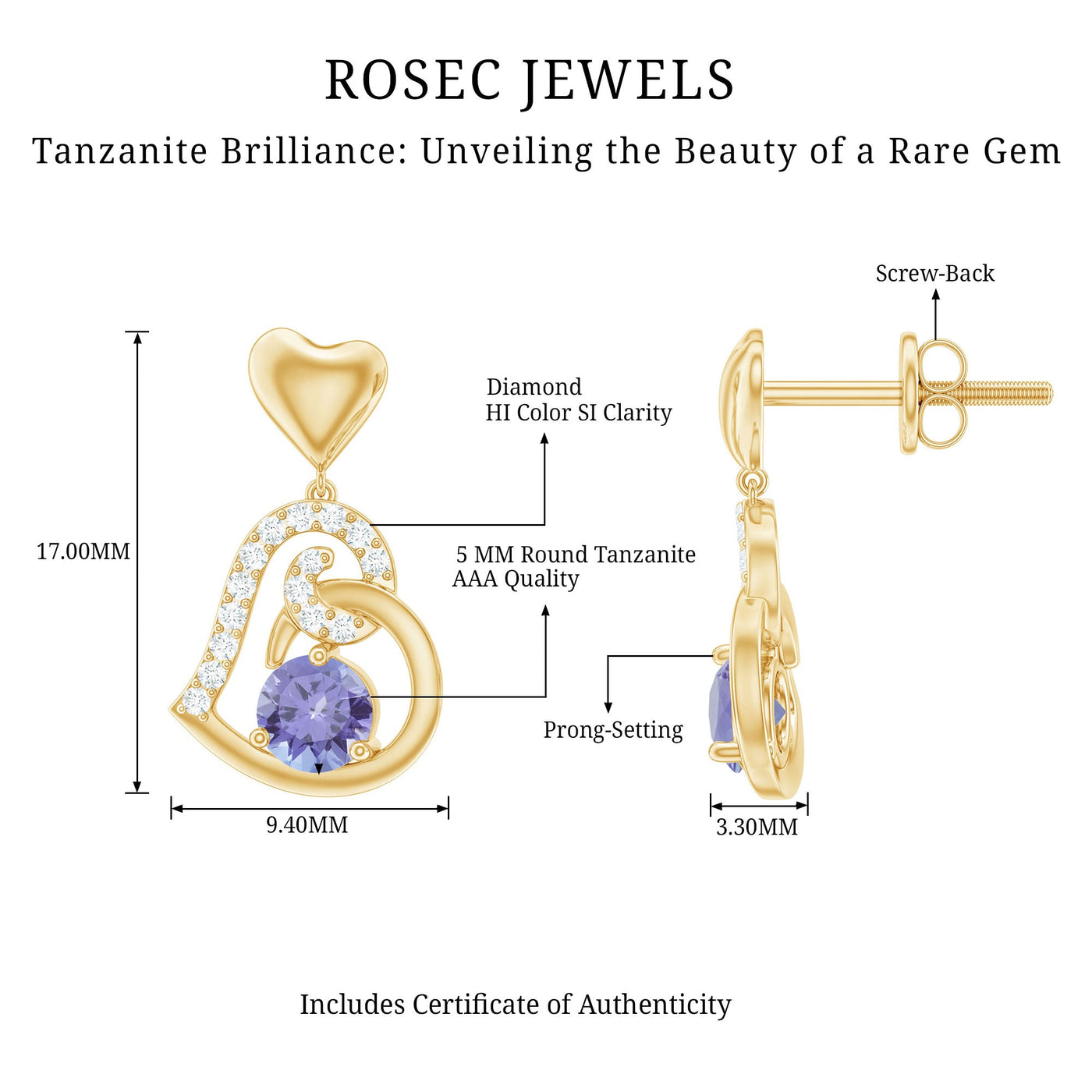1 Carat Tanzanite and Diamond Heart Drop Earrings Rosec Jewels