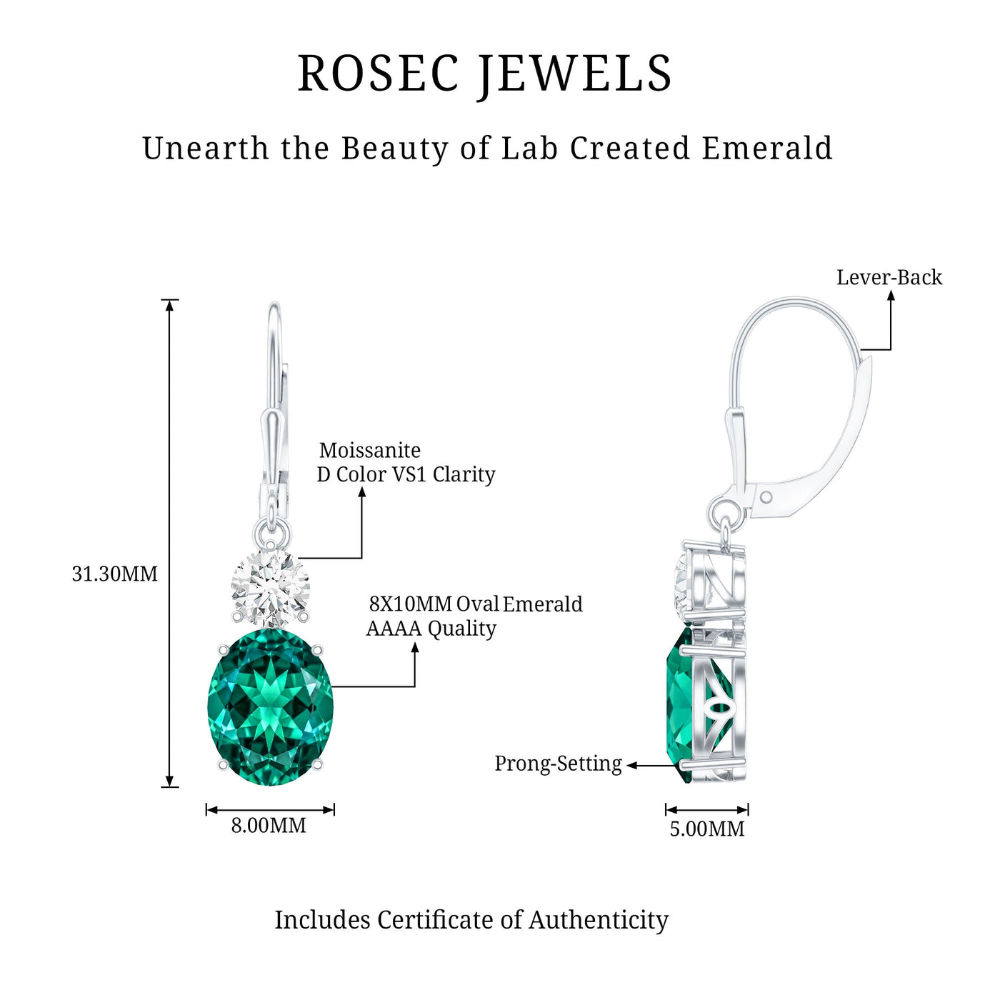 Lab Grown Emerald Oval Drop Earrings With Moissanite Rosec Jewels