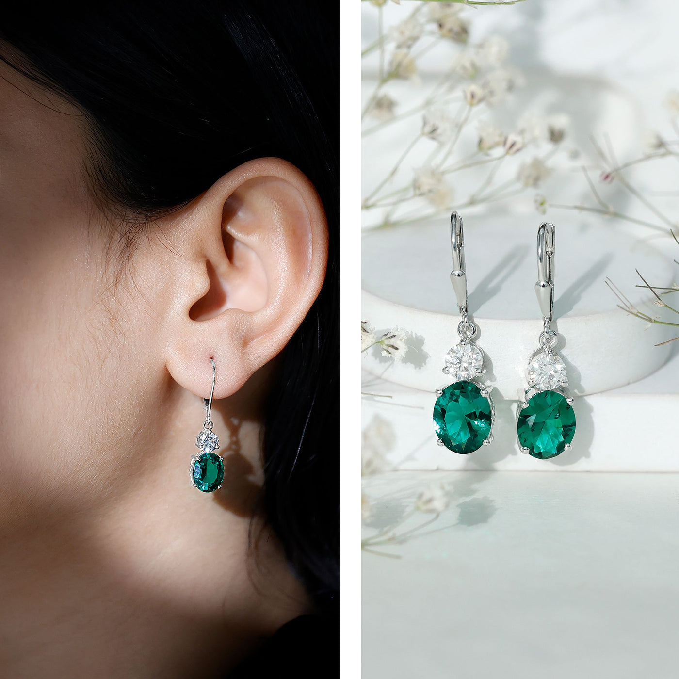 Lab Grown Emerald Oval Drop Earrings With Moissanite Rosec Jewels