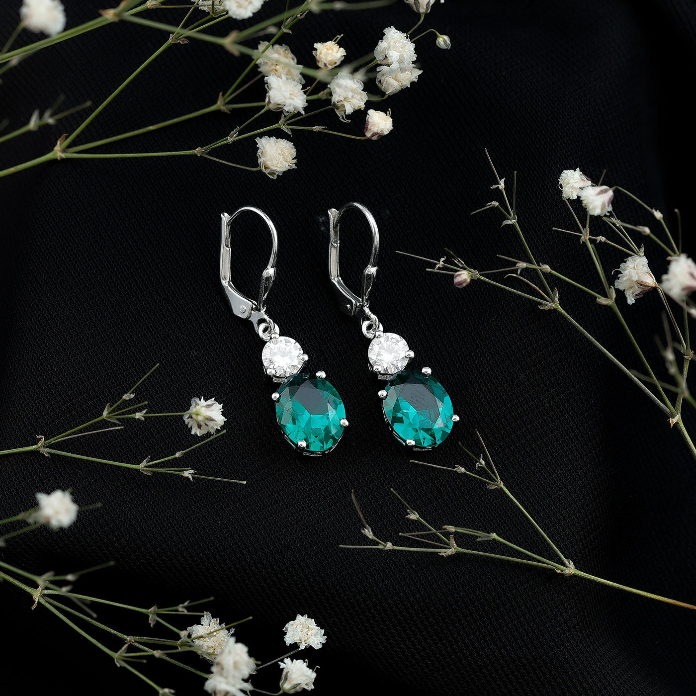 Lab Grown Emerald Oval Drop Earrings With Moissanite Rosec Jewels
