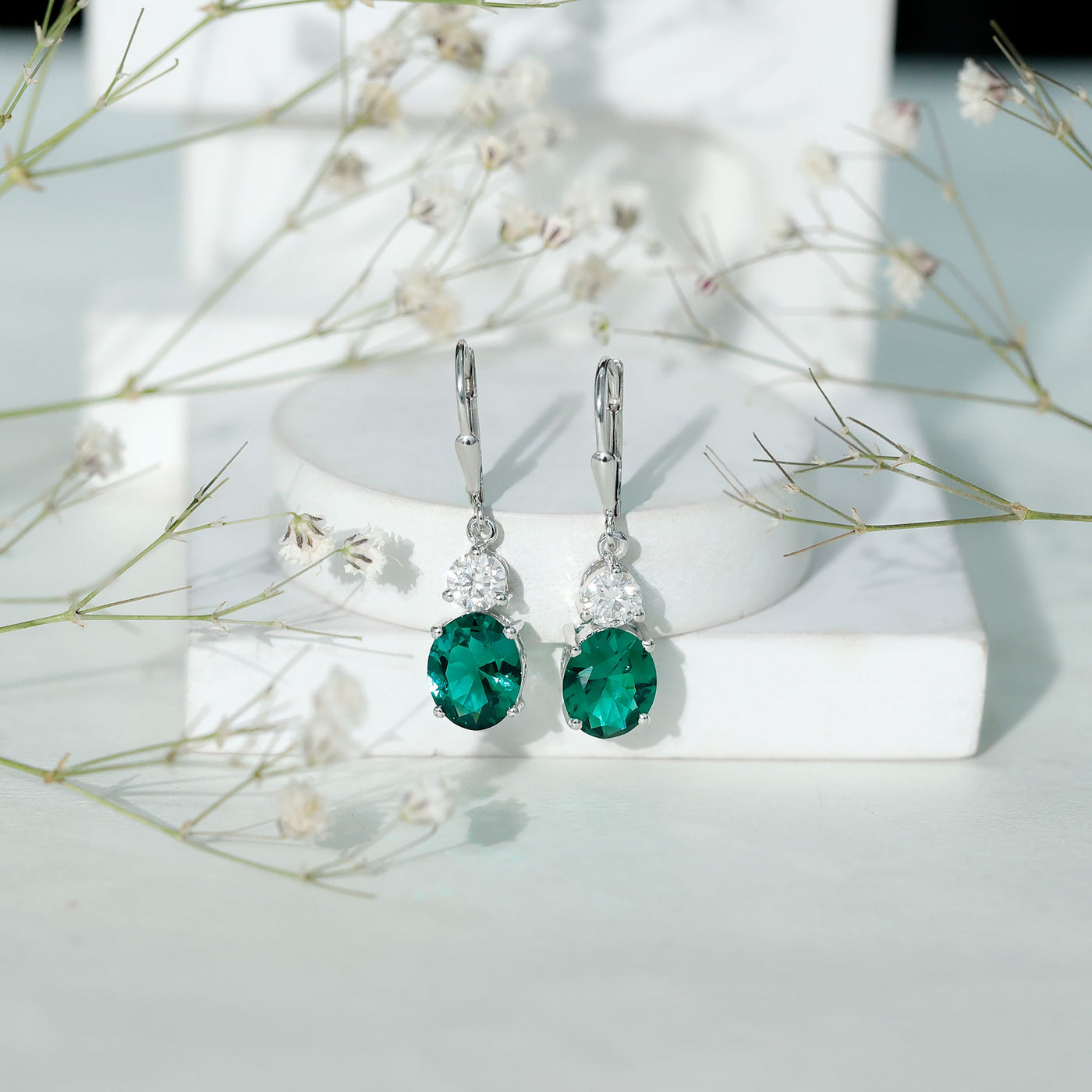 Lab Grown Emerald Oval Drop Earrings With Moissanite Rosec Jewels