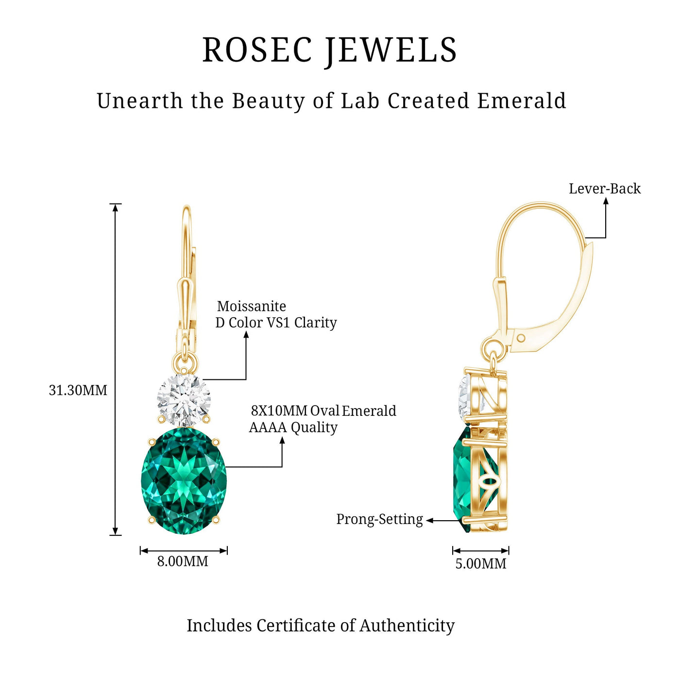 Lab Grown Emerald Oval Drop Earrings With Moissanite Rosec Jewels