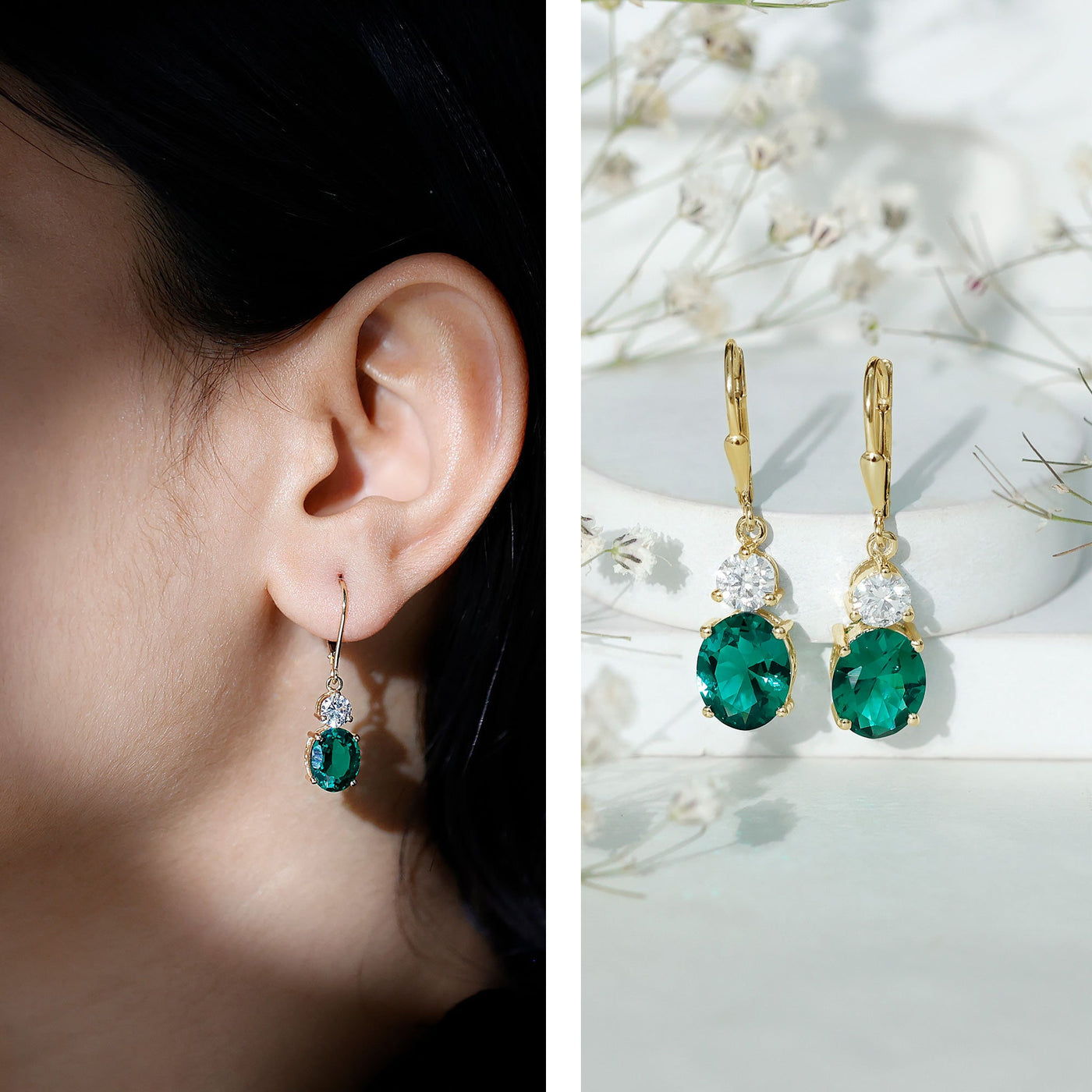 Lab Grown Emerald Oval Drop Earrings With Moissanite Rosec Jewels