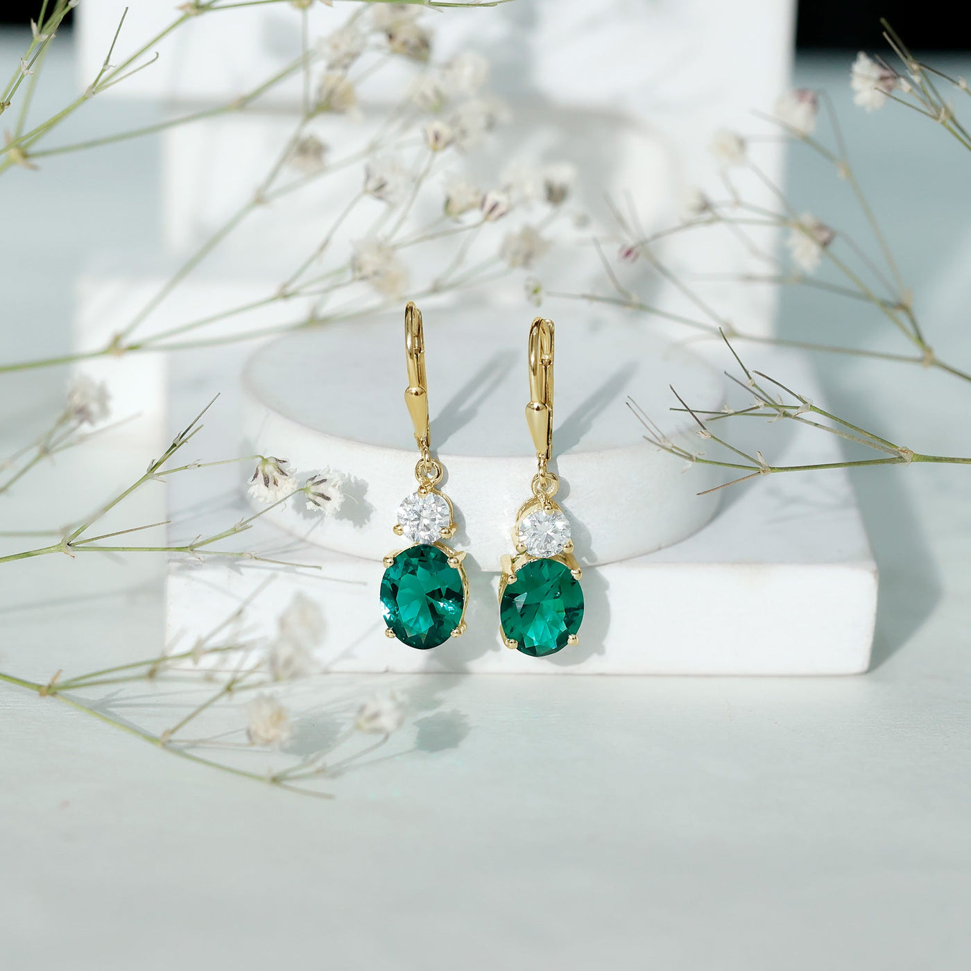 Lab Grown Emerald Oval Drop Earrings With Moissanite Rosec Jewels