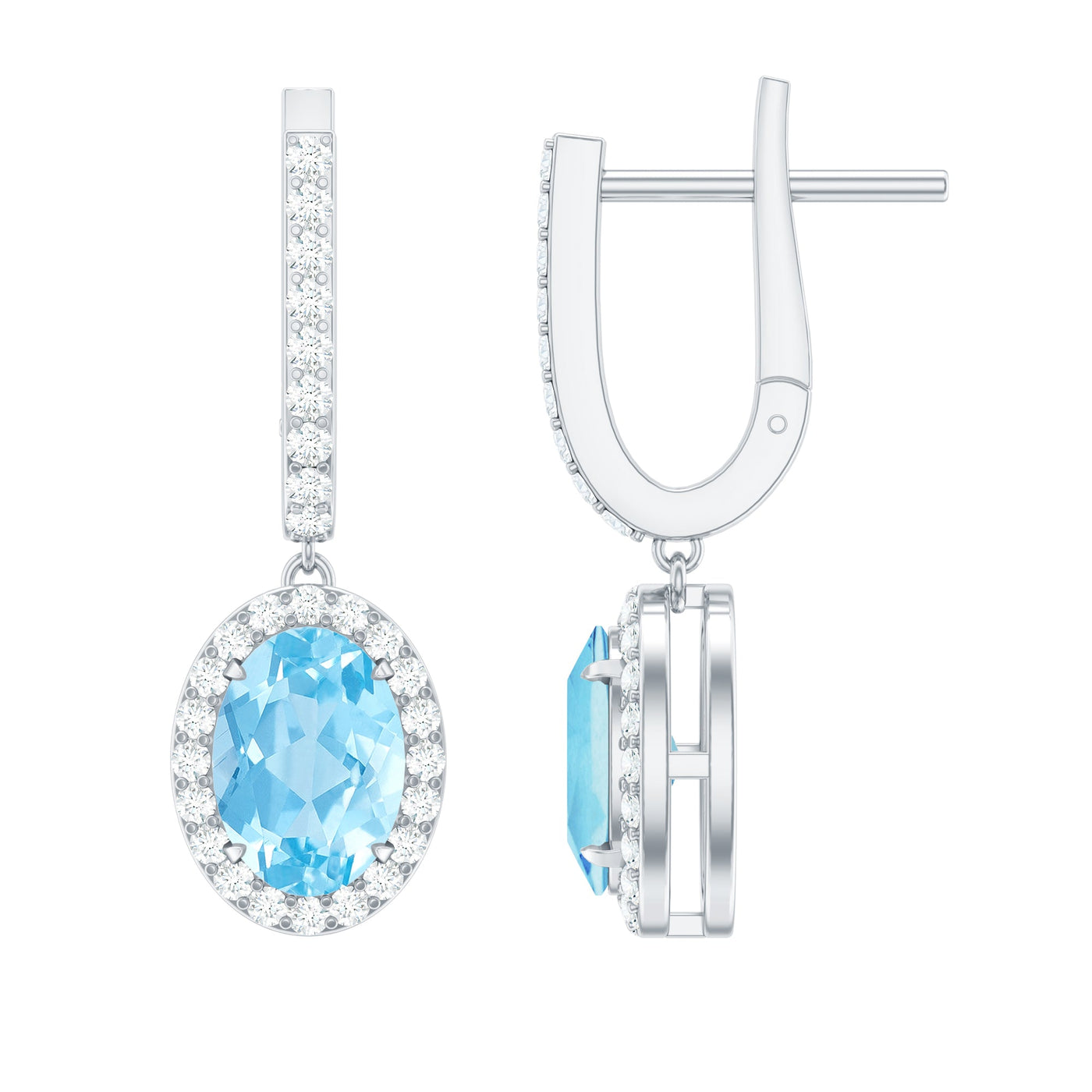 Natural 2.2 Carat Oval Aquamarine Drop Earrings with Diamond Halo Rosec Jewels