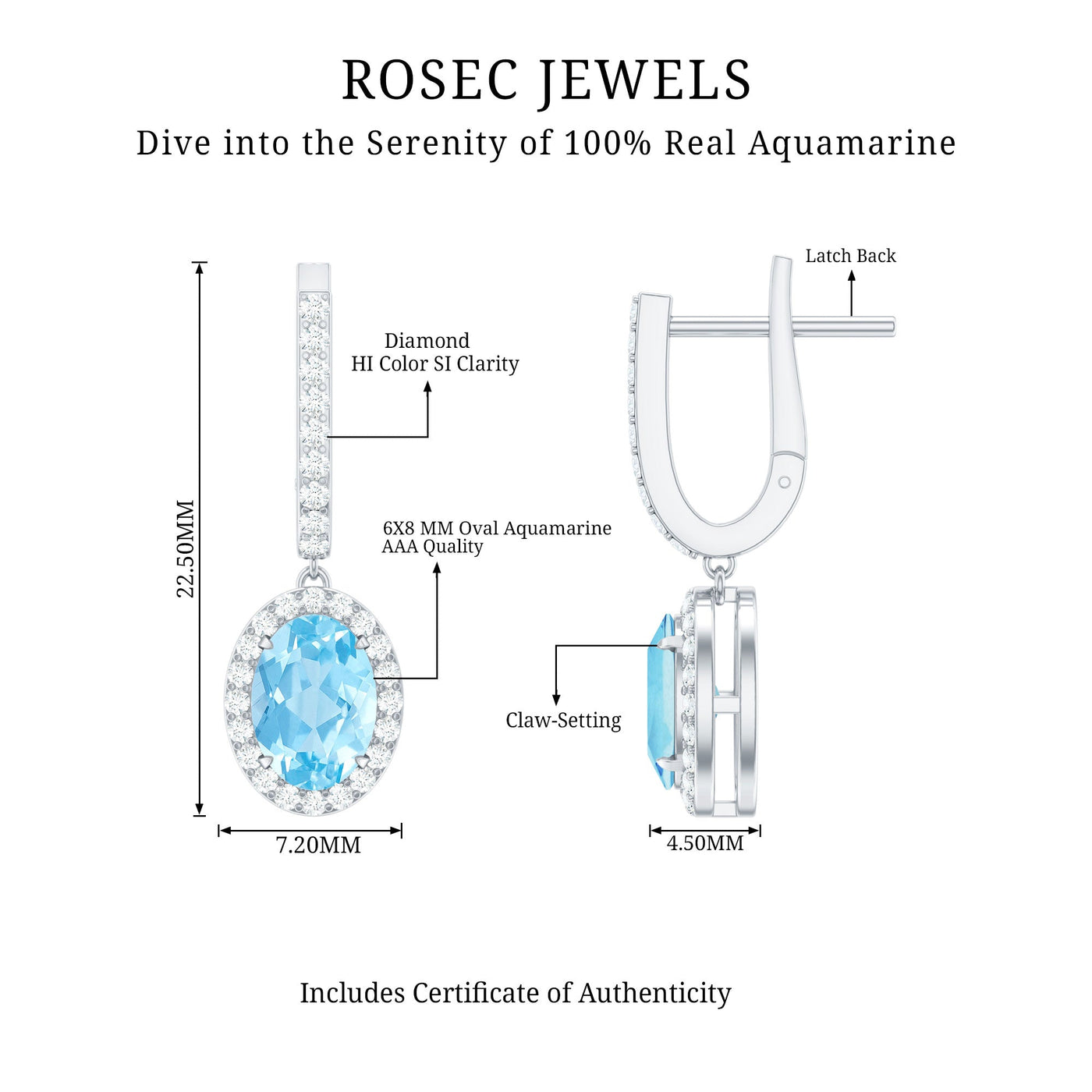 Natural 2.2 Carat Oval Aquamarine Drop Earrings with Diamond Halo Rosec Jewels