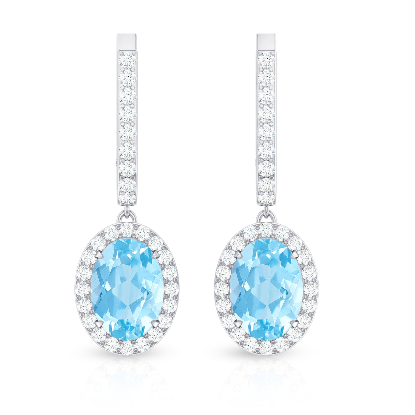 Natural 2.2 Carat Oval Aquamarine Drop Earrings with Diamond Halo Rosec Jewels
