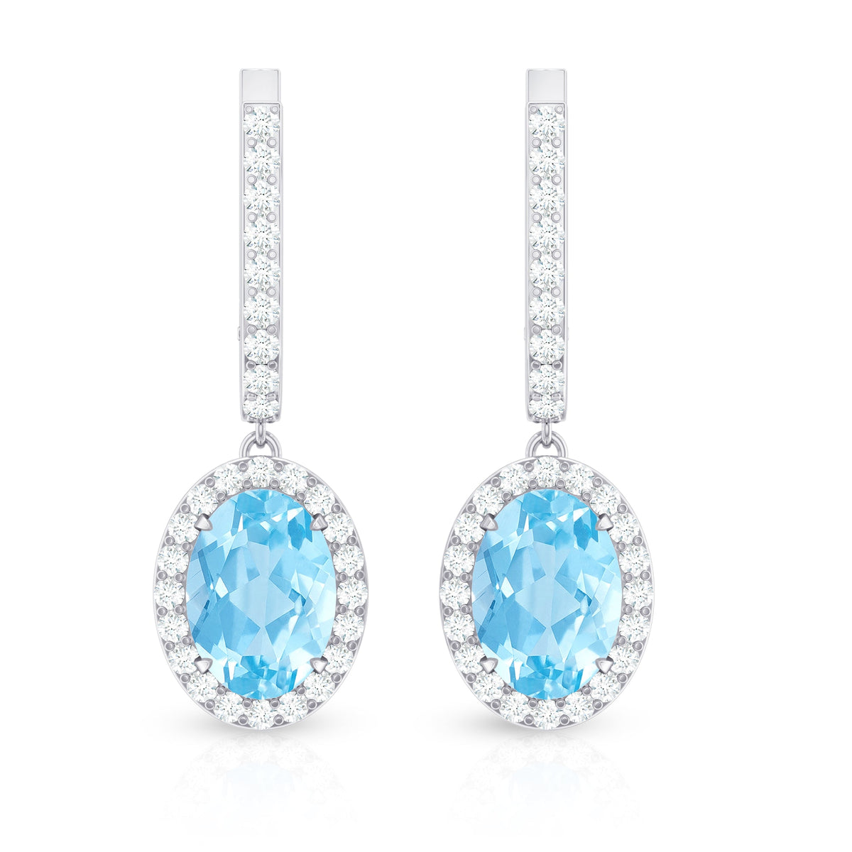 Natural 2.2 Carat Oval Aquamarine Drop Earrings with Diamond Halo Rosec Jewels