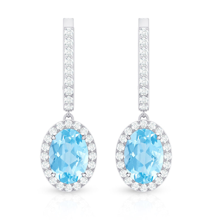 Natural 2.2 Carat Oval Aquamarine Drop Earrings with Diamond Halo Rosec Jewels