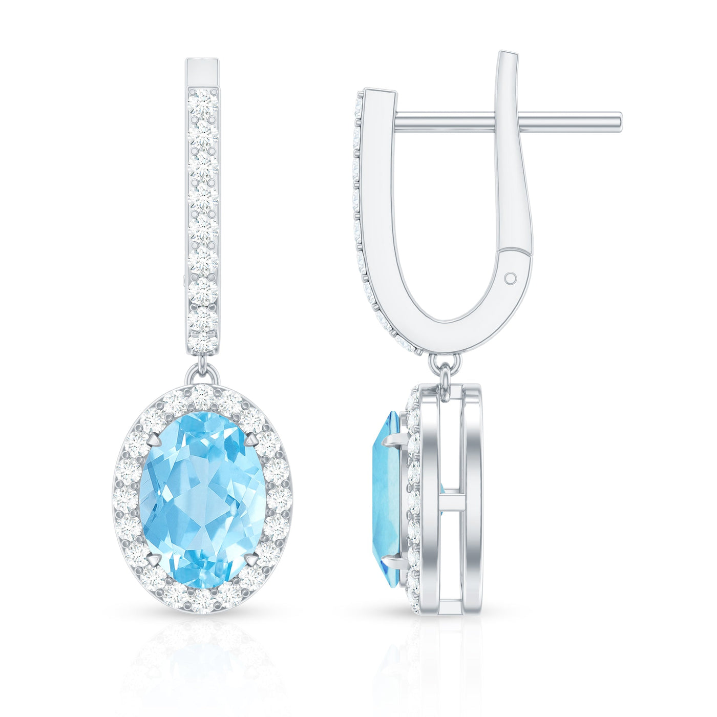 Natural 2.2 Carat Oval Aquamarine Drop Earrings with Diamond Halo Rosec Jewels