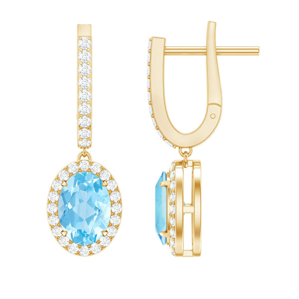 Natural 2.2 Carat Oval Aquamarine Drop Earrings with Diamond Halo Rosec Jewels