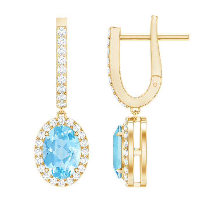 Natural 2.2 Carat Oval Aquamarine Drop Earrings with Diamond Halo Rosec Jewels