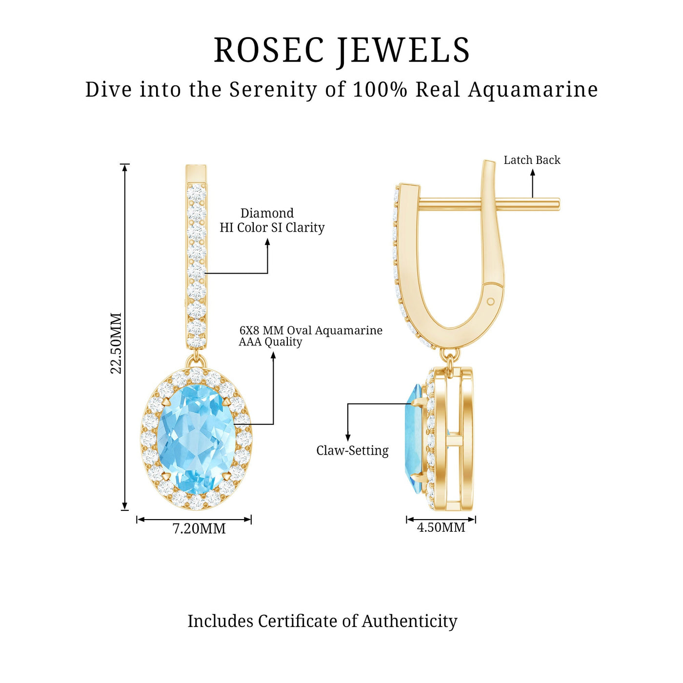 Natural 2.2 Carat Oval Aquamarine Drop Earrings with Diamond Halo Rosec Jewels