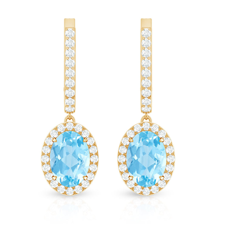 Natural 2.2 Carat Oval Aquamarine Drop Earrings with Diamond Halo Rosec Jewels